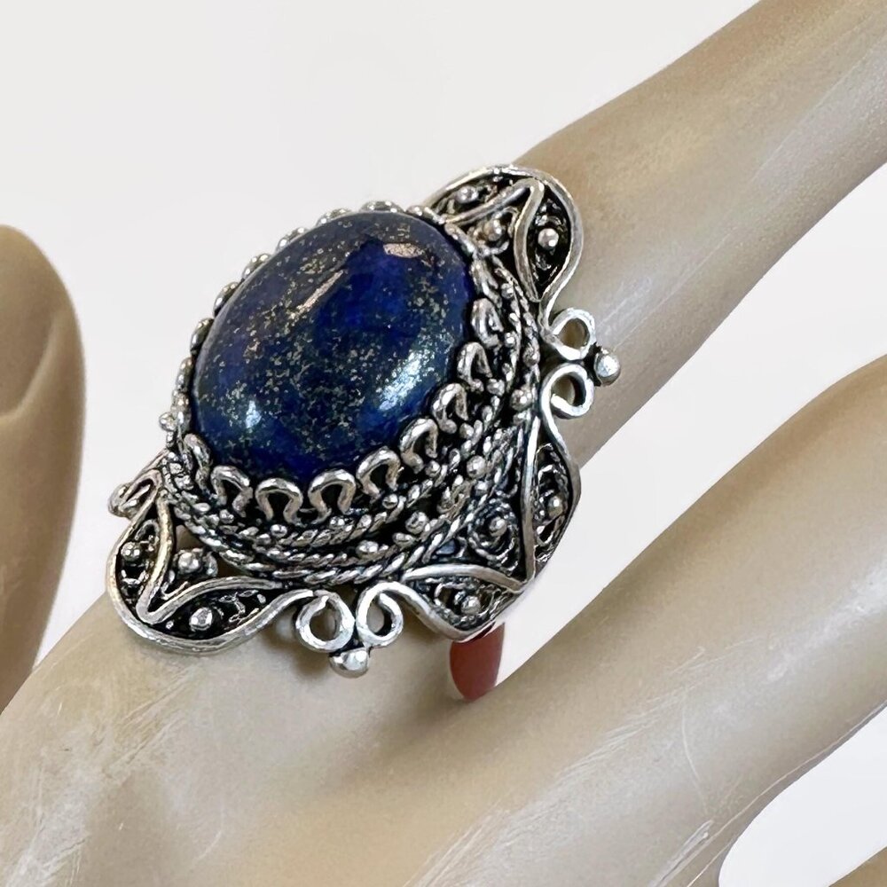 Vintage Lapis Ring, Sterling Silver:  Blue Lapis Lazuli, Turkey, Filagree